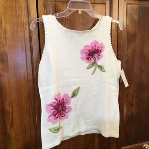 Lovely floral Lizsport sleeveless blouse, SP, NWT, scalloped fringe, linen blend